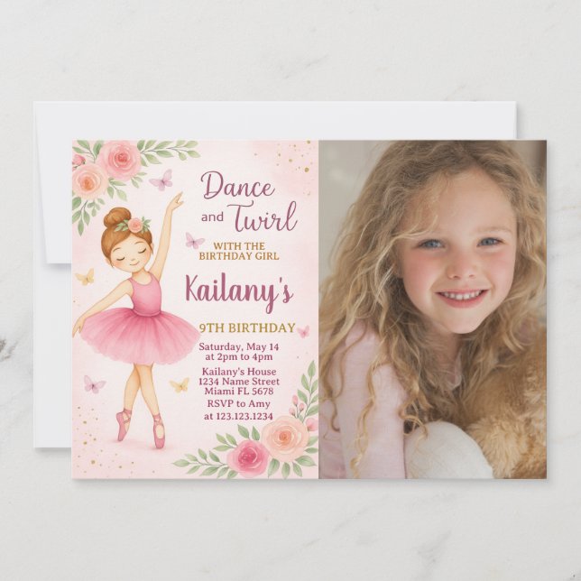 Ballerina födelsedagsinbjudan med foto inbjudningar (Framsida)