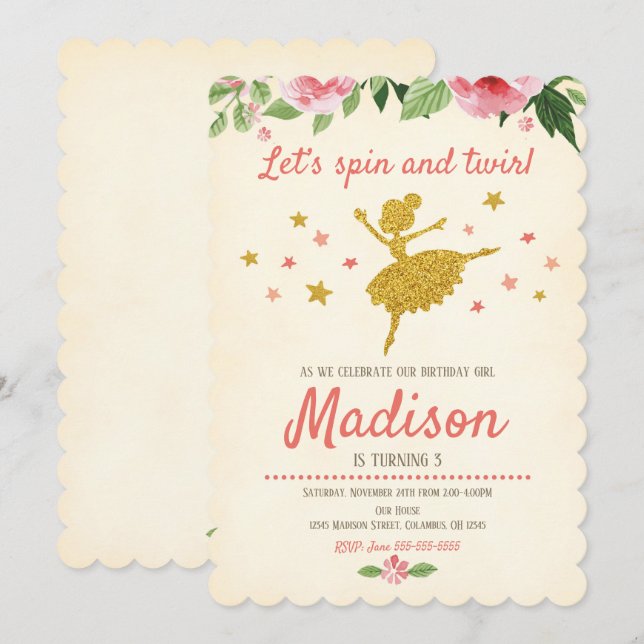 Ballerina födelsedagsinbjudan / Vintage / Retro Inbjudningar (Fram/baksida)