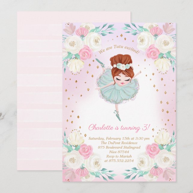 Ballerina Glitter Birthday Inbjudningar (Fram/baksida)