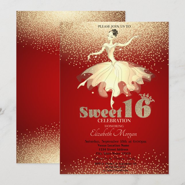 Ballerina,Guld Konfetti Glitter Red Sweet 16 Inbjudningar (Fram/baksida)