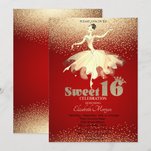 Ballerina, guldkonfetti glitter röd Sweet 16 Inbjudningar