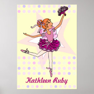 Ballerina gult - röd hårflicka "ditt namn" poster