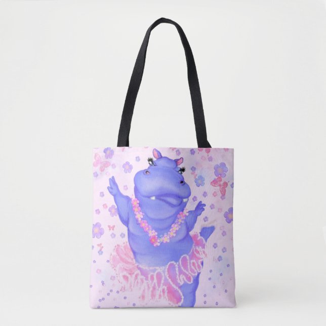 Ballerina Hippo Tote Bag Lycklig Ballet Dancer Tygkasse (Framsida)