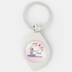 Ballerina i Blue Personal Namn på rosa Swirl Silverfärgad Nyckelring