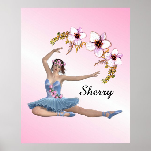 Ballerina i Blue Personal Namn Rosa Accent Poster (Framsidan)