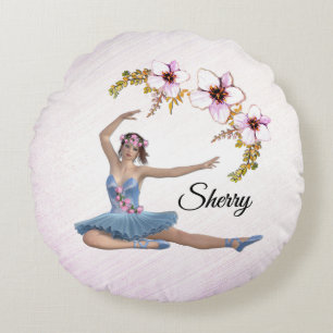 Ballerina i Blue Personal Namn Rosa Rund Kudde