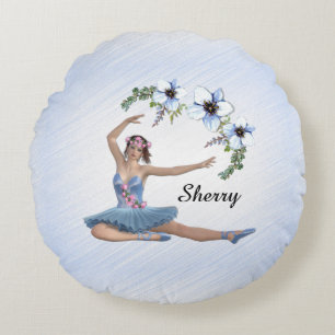 Ballerina i Blue Personal Namn Rund Kudde
