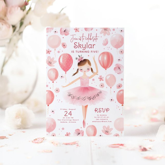 Ballerina i Rosa Dress Blommigt Ballothday Inbjudningar (Ballerina Birthday Invitations)