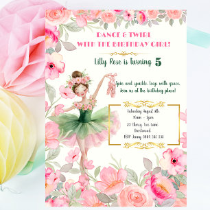 Ballerina i Rosa & Grönt Tutu Blommigt Birthday Inbjudningar
