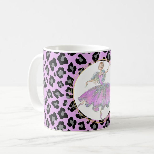 Ballerina i rosa på leopard hud päls mönster kaffemugg (Framsida vänster)