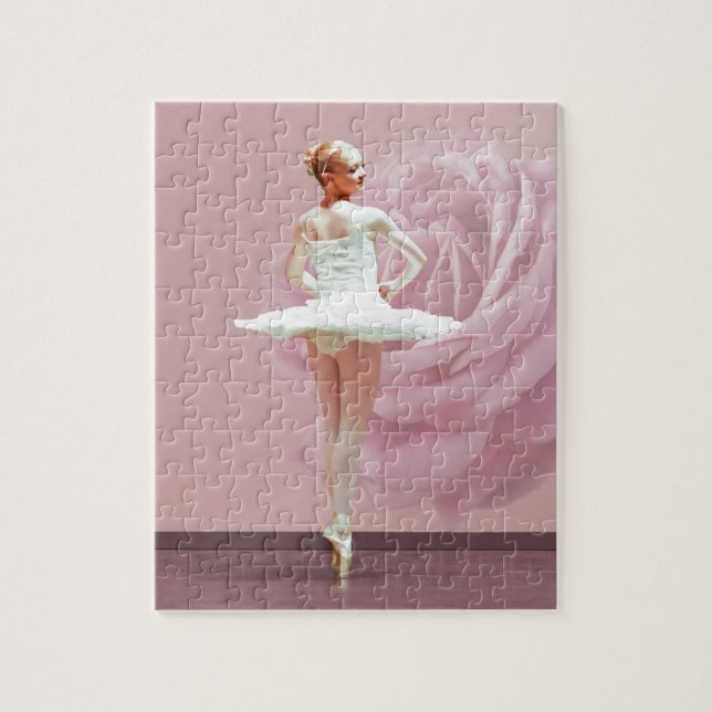 Ballerina i vit med rosa ros pussel (Vertikal)