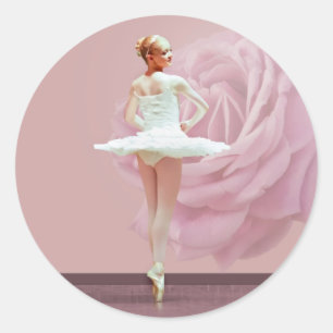 Ballerina i vit med rosa ros runt klistermärke
