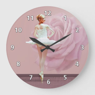 Ballerina i vit med rosa ros stor klocka