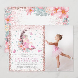 Ballerina Måne Pastel Rosa Glitter Birthday Photo Inbjudningar