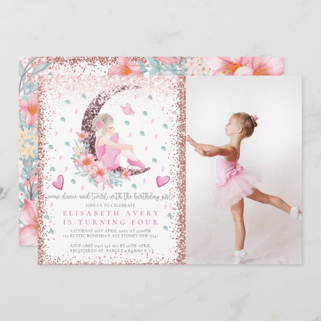 Ballerina Måne Pastel Rosa Glitter Birthday Photo Inbjudningar (Fram/baksida)