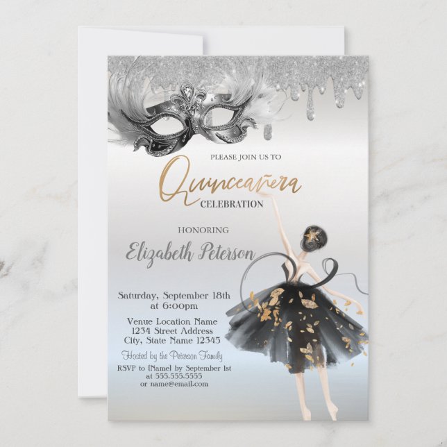  Ballerina Masque Glitter Drips Silver Quinceanera Inbjudningar (Framsida)