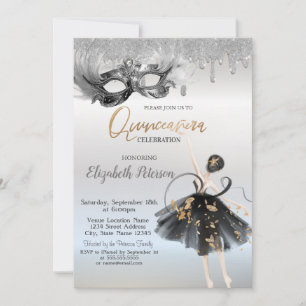 Ballerina Masque Glitterdroppar Silver Quinceanera Inbjudningar