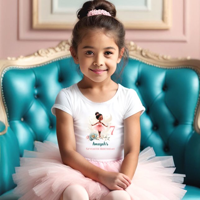 Ballerina Mörk Hud Rosa Teal Blommigt Birthday Gir T Shirt (Ballerina Dark Skin Pink Teal Floral Birthday Girl T-Shirt)