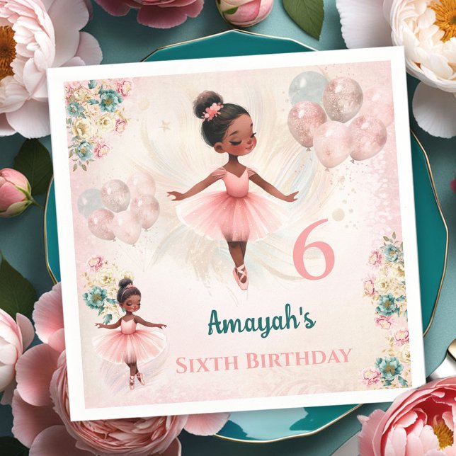Ballerina Mörk Hud Rosa Teal Blommigt Födelsedag Pappersservett (Ballerina Dark Skin Pink Teal Floral Birthday Napkins)