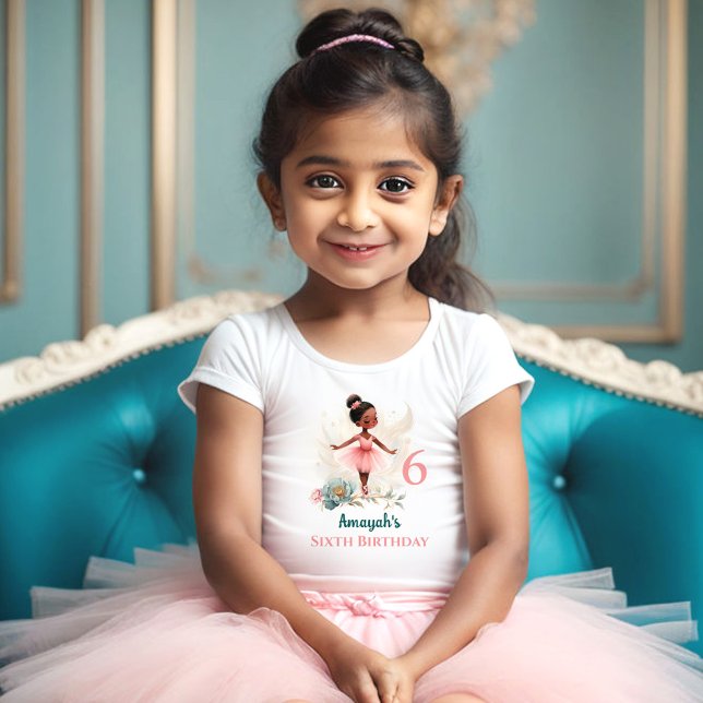 Ballerina Mörk Hud Rosa Teal Namn Birthday Girl T Shirt (Ballerina Dark Skin Pink Teal Floral Birthday Girl Toddler T-shirt)