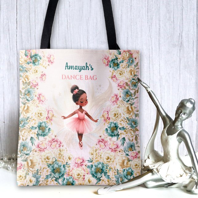 Ballerina Mörk Skin Girl Rosa Teal Blommigt Dance Tygkasse (Ballerina Dark Skin Girl Pink Teal Floral Dance Tote Bag)