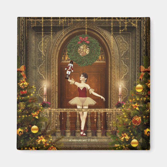 Ballerina och Nutcracker Square Helgdag Magnet (Framsidan)