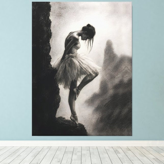 Ballerina på klippkant Monokrom dramatisk konst Canvastryck (Insitu (trägolv))