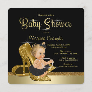 Ballerina Pärlor Svart Guldsko Baby Shower Inbjudningar
