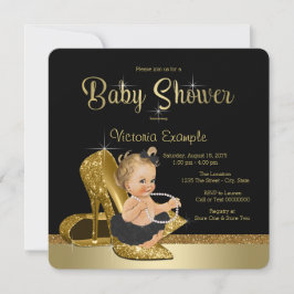 Ballerina Pearls Black Guld Shoe Baby Shower Inbjudningar