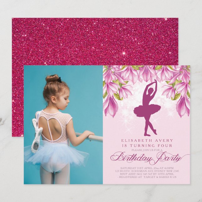 Ballerina Photo Rosa Birthday Inbjudningar (Fram/baksida)