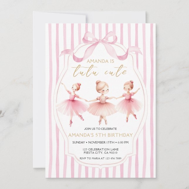  Ballerina Pink Bow Tutu Cute Birthday Invitation Inbjudningar (Framsida)