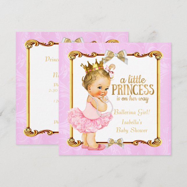 Ballerina Princess Baby Shower Rosa Guld Blonde Inbjudningar (Fram/baksida)