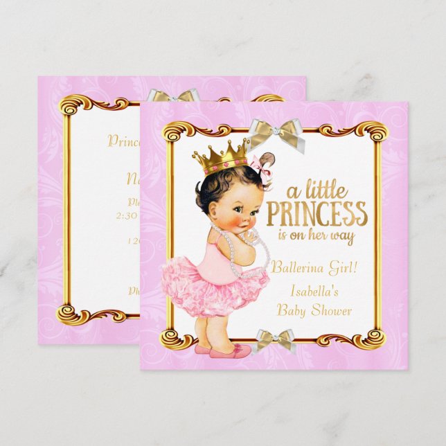 Ballerina Princess Baby Shower Rosa Guld Brunette Inbjudningar (Fram/baksida)