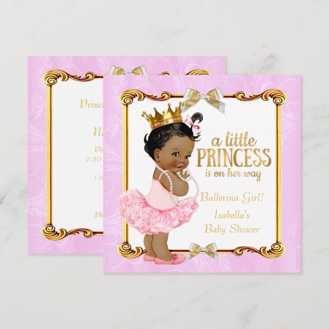 Ballerina Princess Baby Shower Rosa Guld Ethnic Inbjudningar (Fram/baksida)