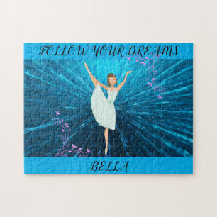 Ballerina puzzle, "Följ dina drömmar" och namn. Pussel