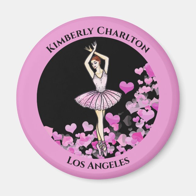 Ballerina Rosa Dress med Hearts Black Background Magnet (Framsidan)