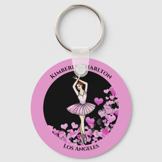 Ballerina Rosa Dress med Hearts Black Background Nyckelring (Framsida)