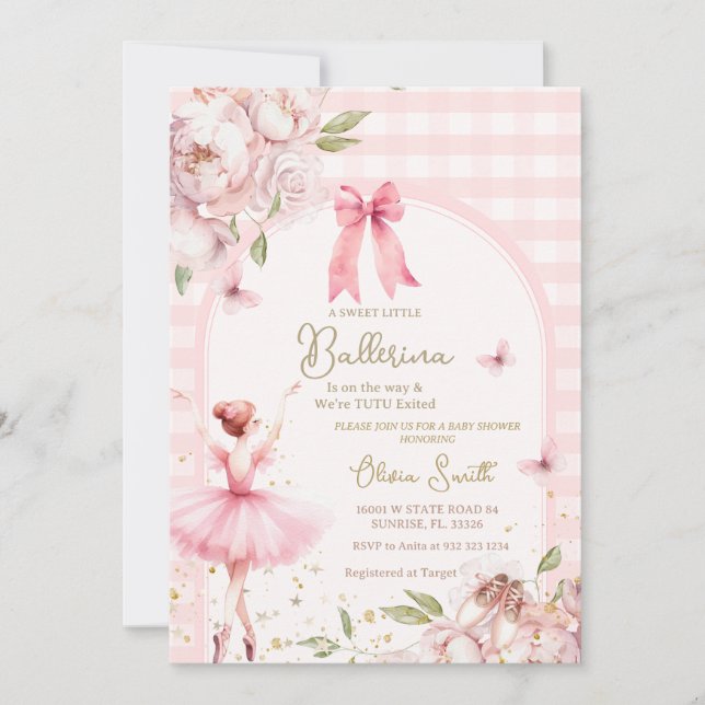 Ballerina Rosa Gingham Blommigt Arch Baby Shower Inbjudningar (Framsida)