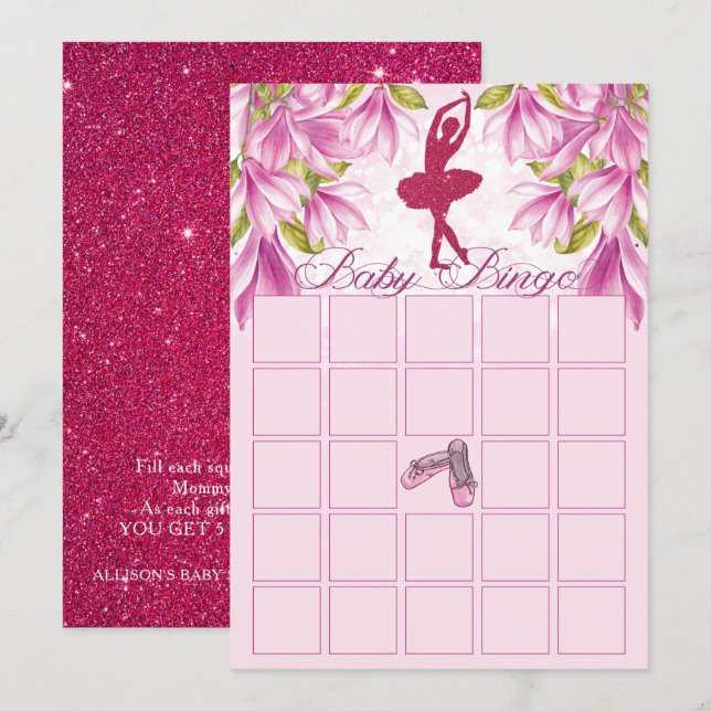 Ballerina Rosa Glitter Baby Shower Bingo Inbjudningar (Fram/baksida)