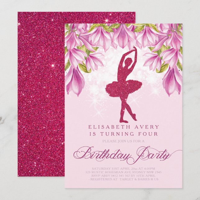 Ballerina Rosa Glitter Birthday Inbjudningar (Fram/baksida)