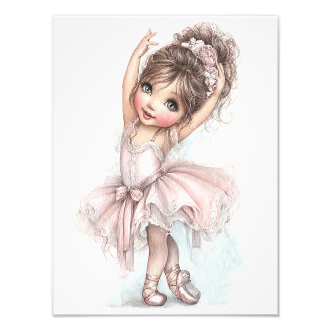 Ballerina Rosa Satängtofflor Rosa Tutu Akvarell Fototryck (Framsidan)