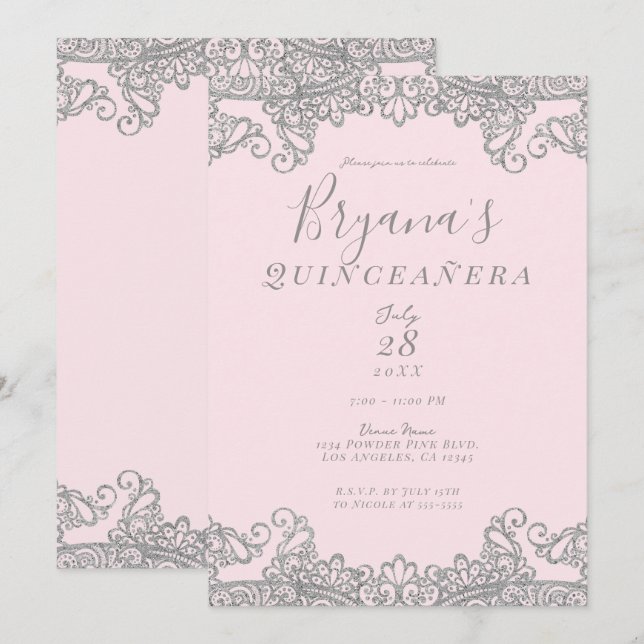 Ballerina Rosa Silver Glitter Spets Quinceañera    Inbjudningar (Fram/baksida)