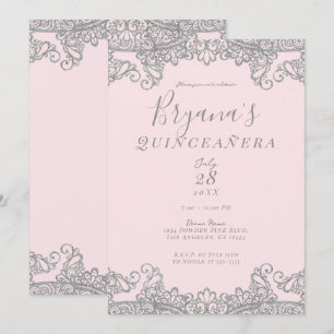 Ballerina Rosa Silver Glitter Spets Quinceañera Inbjudningar