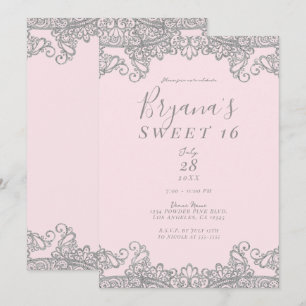 Ballerina Rosa Silver Glitter Spets Sweet 16 Festl Inbjudningar