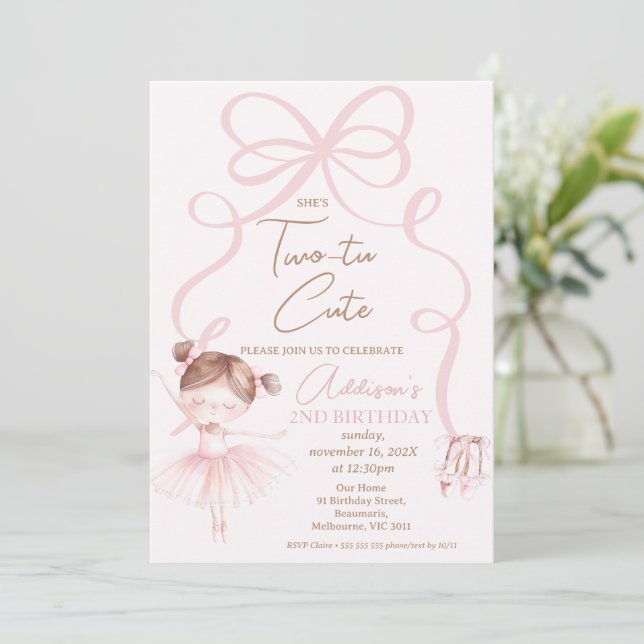 Ballerina Rosa Två Tu Cute, andra födelsedagen Inbjudningar (Stående Fram)