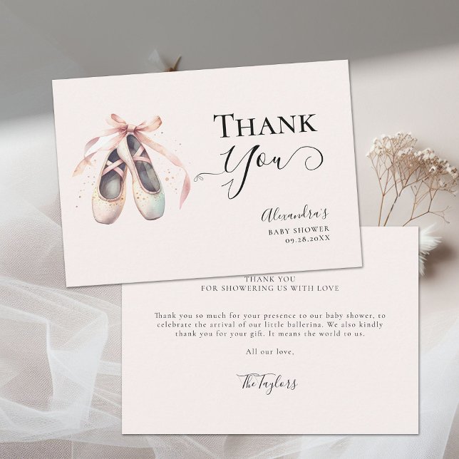 Ballerina Shower Rosa Guld Bow Chic Girl Shower Tack Kort (ballerina baby shower thank you card ballet shoes pointe dance pink faux gold glitter elegant chic)