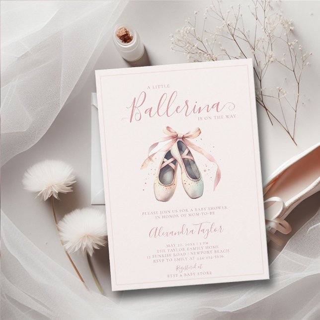 Ballerina Shower Rosa  Guld Flicka Inbjudningar (little ballerina baby girl shower invitation pink blush gold ballet shoes watercolor cute adorable)