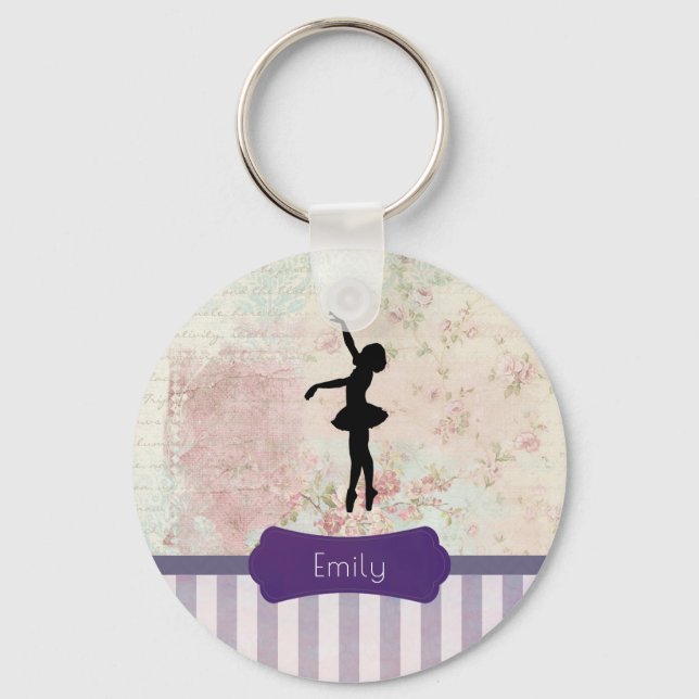 Ballerina Silhouette på Elegant Vintage Mönster Nyckelring (Framsida)