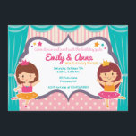 Ballerina Sister Twillingar Födelsedagsfest inbjud Inbjudningar<br><div class="desc">Du vill dansa och snoka med födelsedagsflickorna med den här fantastiska Ballerina Birthday-inbjudan. Har en hederlig ballerina prinsessa tjejer med stjärnor och gardinbakgrund,  allt redo för showen!</div>