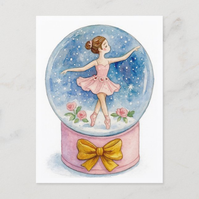 Ballerina Snow Globe Christmas Postcard Helg Vykort (Framsida)